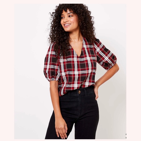 NWT LOFT Plaid Puff Sleeve Top - Picture 1 of 4